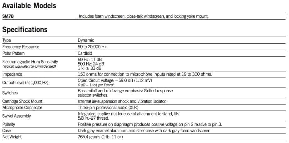 sm7b technical specifications